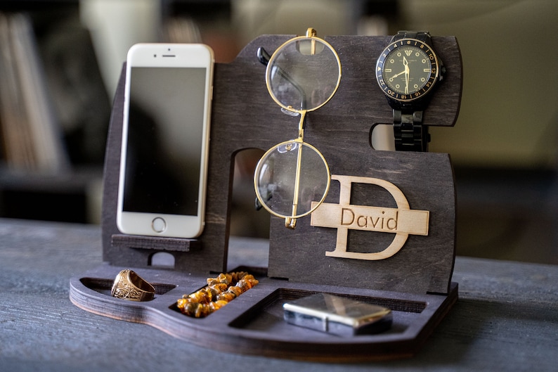 Personalized Holiday Gift for Him Wooden Phone Stand Docking Charging Station Christmas tech Gift for Man iPhone Holder Nightstand Organizer Ebony Black