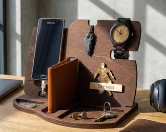Personalized Phone Docking Station – Christmas Gift for Him, Tech Organizer, Gift for Boyfriend, Men, Husband, Holiday Desk Accessory