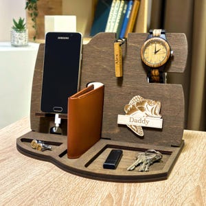 Wooden Docking Station Gift for Him - Wooden Phone Charger Stand - Custom Desk Organizer Tech Gift for Dad, Boyfriend, Husband
