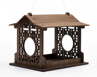 Hanging Bird Feeder for Outdoors Backyard Garden Decoration, Gift Idea for Her Bird Watcher Lover Grandma Wooden Japanese Temple Birdhouse