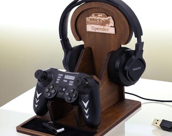 パーソナライズされたヘッドホンホルダー、コントローラースタンド、ボーイフレンドへのギフト、夫へのゲーマーギフト、コントローラーヘッドセットホルダー、ティーンの誕生日プレゼント