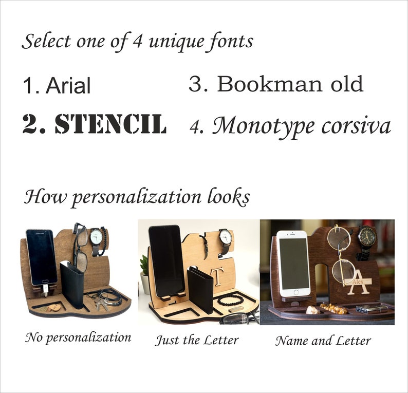 Personalized Holiday Gift for Him Wooden Phone Stand Docking Charging Station Christmas tech Gift for Man iPhone Holder Nightstand Organizer image 8