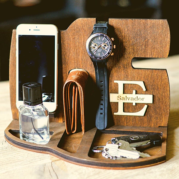 Personalized Holiday Gift for Him Wooden Phone Stand Docking Charging Station Christmas tech Gift for Man iPhone Holder Nightstand Organizer
