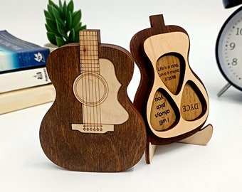 Anniversary Gift for Him Musician Personalized Guitar Shaped Pick Box Plectrum Case Holder Birthday Gift for Men Boyfriend Husband Father