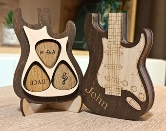 Personalized Electric Guitar Pick Holder – Engraved Wooden Guitar Pick Box – Custom Musician Gift for Guitar Player