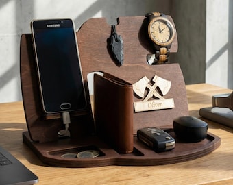 Organizador de escritorio personalizado – Base de carga para teléfono en madera – Regalo para hombre: papá, esposo – Cumpleaños o Navidad