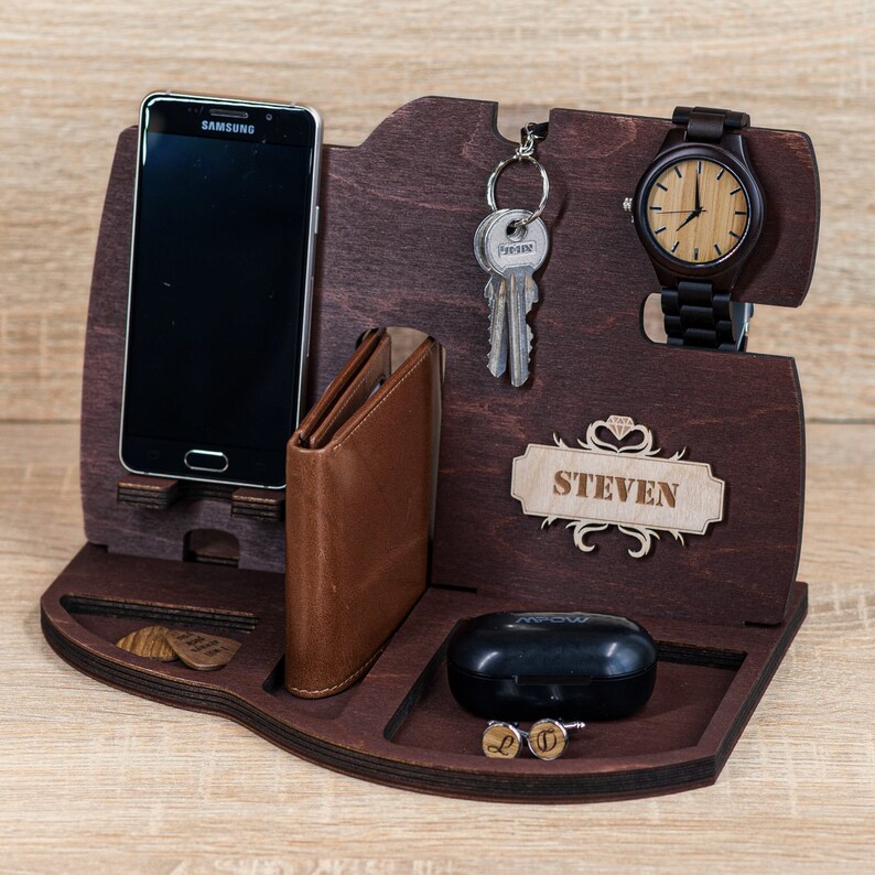 Personalised Christmas Gift for Him Cell Phone Docking Charging Station Stand Tech Accessory Desk Organizer Handmade Gift Boyfriend Man Men image 1