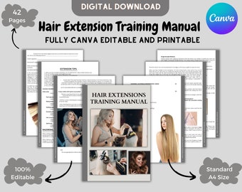 Manual de formación sobre extensiones de cabello, todos los sistemas, métodos y técnicas, guía de formación, libro electrónico sobre extensiones de cabello, edición en Canva