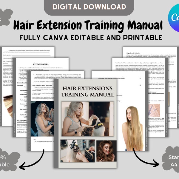 Manuel de formation sur les extensions de cheveux, Tous les systèmes, méthodes et techniques, Guide de formation, eBook sur les extensions de cheveux, Modifier dans Canva