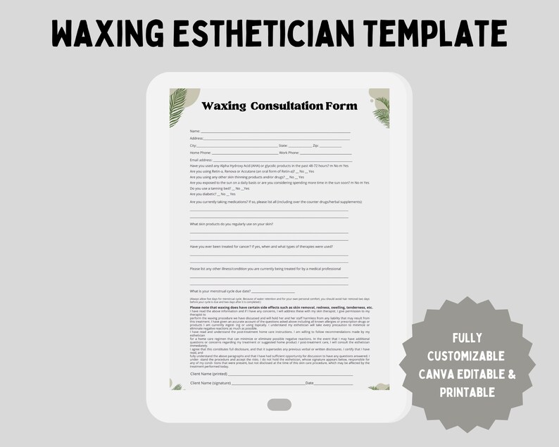 Waxing Editable Esthetician Template Client Consent Form for Esthetician Consent Form Waxing