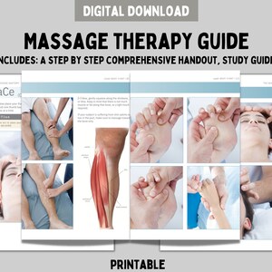 Puede incluir: Una gu&iacute;a de terapia de masaje en descarga digital que incluye un manual completo paso a paso y una gu&iacute;a de estudio. El documento contiene texto instructivo, ilustraciones anat&oacute;micas de los m&uacute;sculos de las piernas y fotos de t&eacute;cnicas.