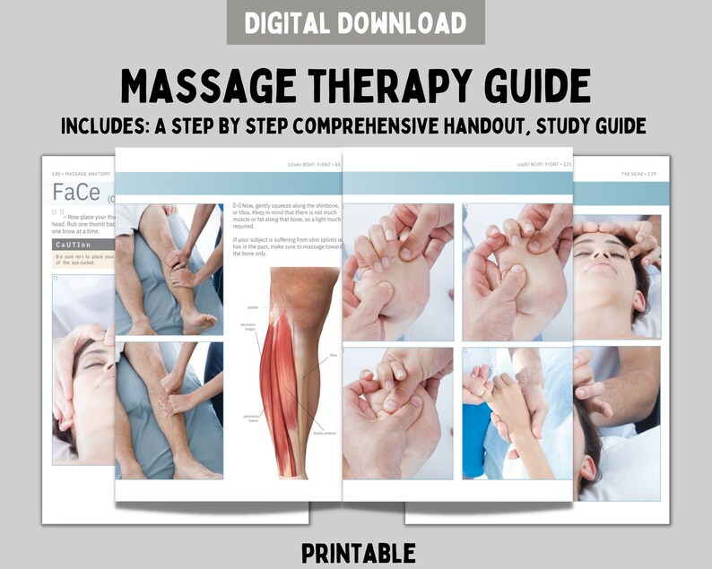 Puede incluir: Una gu&iacute;a de terapia de masaje en descarga digital que incluye un manual completo paso a paso y una gu&iacute;a de estudio. El documento contiene texto instructivo, ilustraciones anat&oacute;micas de los m&uacute;sculos de las piernas y fotos de t&eacute;cnicas.