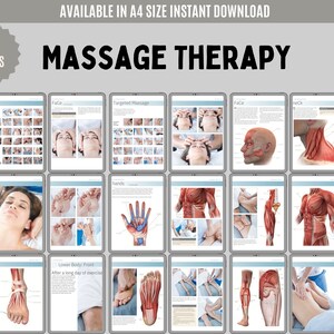 Puede incluir: Una colecci&oacute;n digital de m&aacute;s de 160 p&aacute;ginas titulada MASSAGE THERAPY, que presenta diagramas instructivos, ilustraciones anat&oacute;micas de m&uacute;sculos y huesos, y secuencias fotogr&aacute;ficas que demuestran t&eacute;cnicas de masaje corporal.