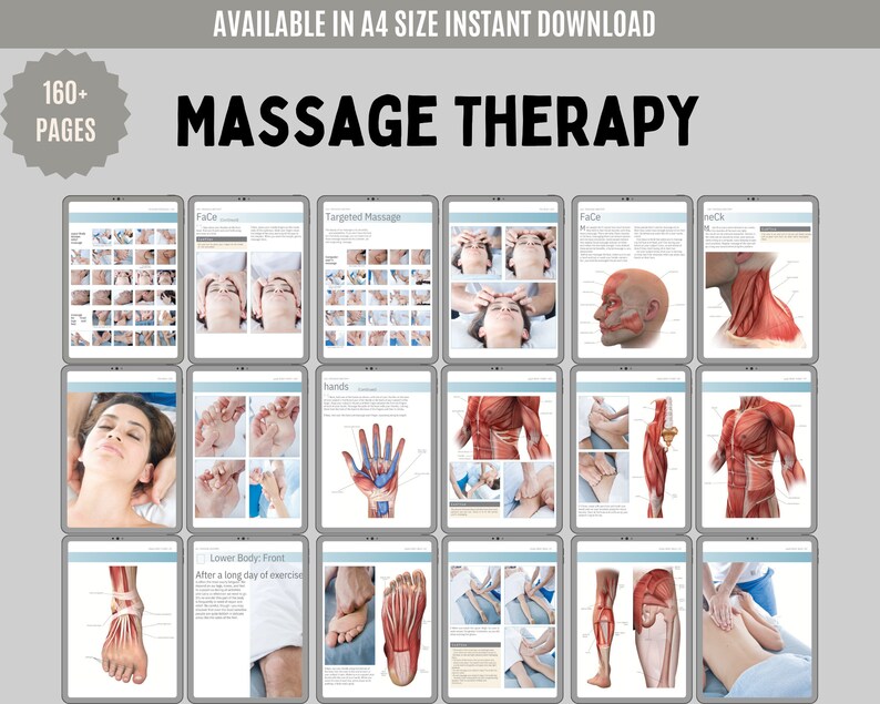 Puede incluir: Una colecci&oacute;n digital de m&aacute;s de 160 p&aacute;ginas titulada MASSAGE THERAPY, que presenta diagramas instructivos, ilustraciones anat&oacute;micas de m&uacute;sculos y huesos, y secuencias fotogr&aacute;ficas que demuestran t&eacute;cnicas de masaje corporal.