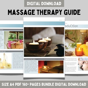 Puede incluir: Una gu&iacute;a de terapia de masaje en descarga digital formato PDF A4 con m&aacute;s de 160 p&aacute;ginas. El documento incluye texto, encabezados y varias fotograf&iacute;as de mesas de masaje, velas, aceites y entornos de spa para ilustrar las t&eacute;cnicas.