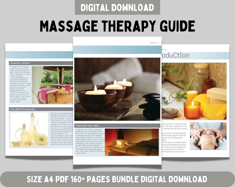 Puede incluir: Una gu&iacute;a de terapia de masaje en descarga digital formato PDF A4 con m&aacute;s de 160 p&aacute;ginas. El documento incluye texto, encabezados y varias fotograf&iacute;as de mesas de masaje, velas, aceites y entornos de spa para ilustrar las t&eacute;cnicas.