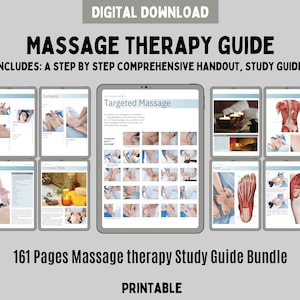 Puede incluir: Una gu&iacute;a de terapia de masaje en descarga digital con 161 p&aacute;ginas de material de estudio imprimible. El documento muestra instrucciones paso a paso, diagramas anat&oacute;micos y t&eacute;cnicas de masaje con encabezados como Targeted Massage y Contents.