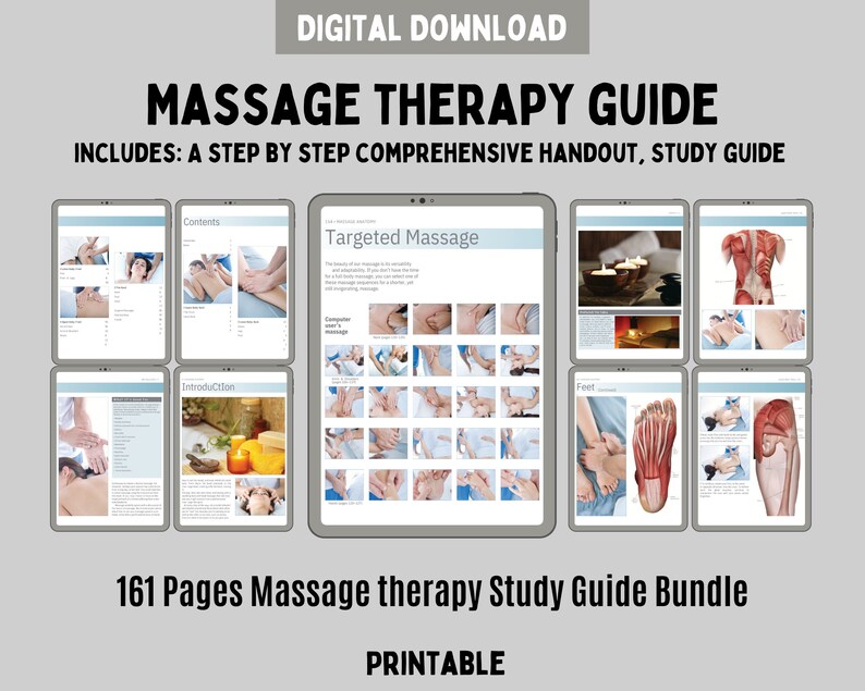 Puede incluir: Una gu&iacute;a de terapia de masaje en descarga digital con 161 p&aacute;ginas de material de estudio imprimible. El documento muestra instrucciones paso a paso, diagramas anat&oacute;micos y t&eacute;cnicas de masaje con encabezados como Targeted Massage y Contents.