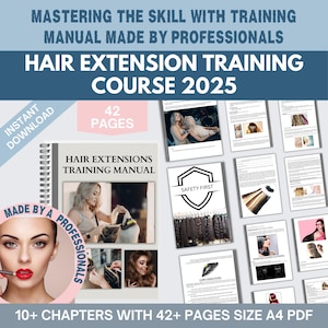 May include: A 42-page A4 PDF hair extension training manual featuring professional instructional content, diagrams, and photographs. The cover displays the title Hair Extensions Training Manual and a circular graphic with a face and the text Made By A Professionals.