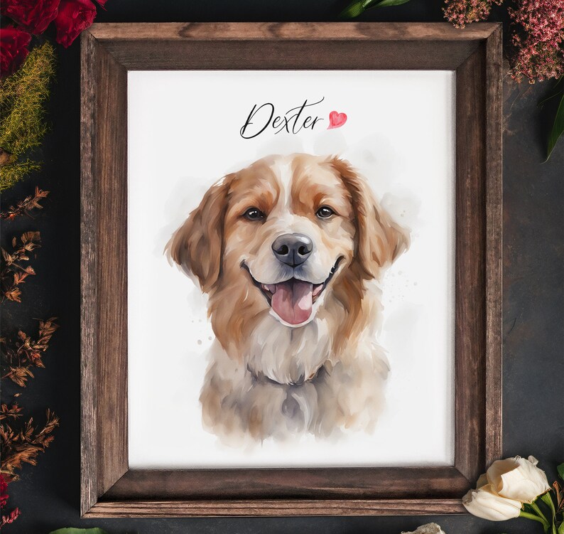 May include: A watercolor painting of a dog named Dexter. The dog is a golden brown color with a white chest and a happy expression. The painting is framed in a brown wooden frame.