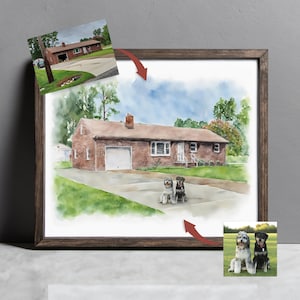 May include: Watercolor painting of a brick house with a brown roof, a driveway, and a green lawn. Two dogs are sitting on the driveway. The painting is in a wooden frame. A smaller image of the house is in the upper left corner.