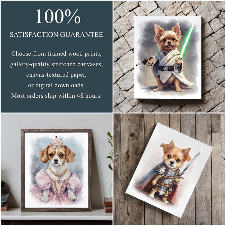 May include: Three watercolor paintings of dogs dressed up in costumes. The first painting shows a dog dressed as a Jedi Knight with a lightsaber. The second painting shows a dog dressed as a princess with a crown and a pink dress. The third painting shows a dog dressed as a knight with a sword and armor.