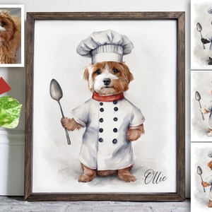 May include: A watercolor painting of a dog wearing a chef's hat and holding a spoon. The dog is brown and white and has a red bandana around its neck. The painting is on a white background and has the name "Ollie" written in the bottom right corner.