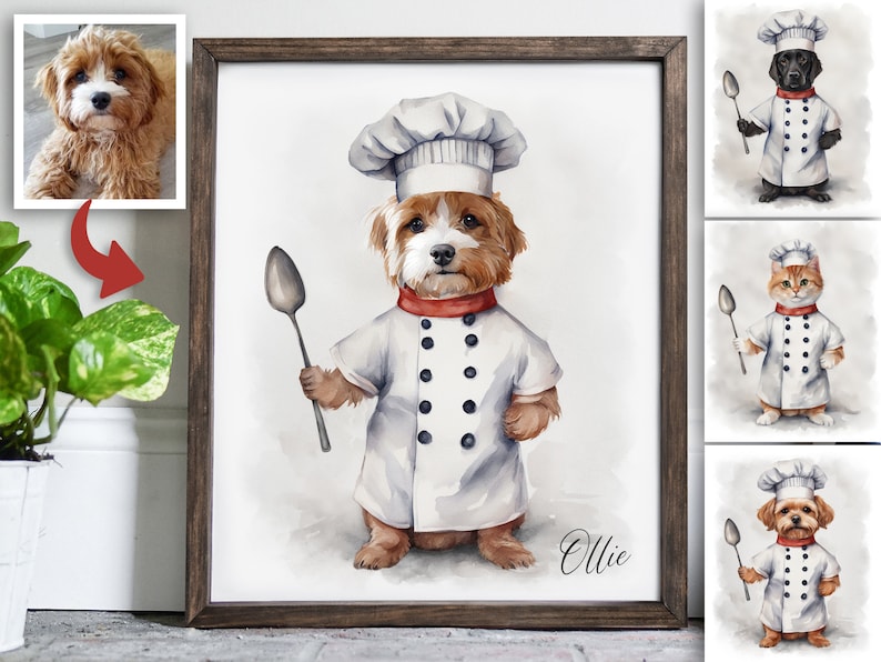 May include: A watercolor painting of a dog wearing a chef's hat and holding a spoon. The dog is brown and white and has a red bandana around its neck. The painting is on a white background and has the name "Ollie" written in the bottom right corner.