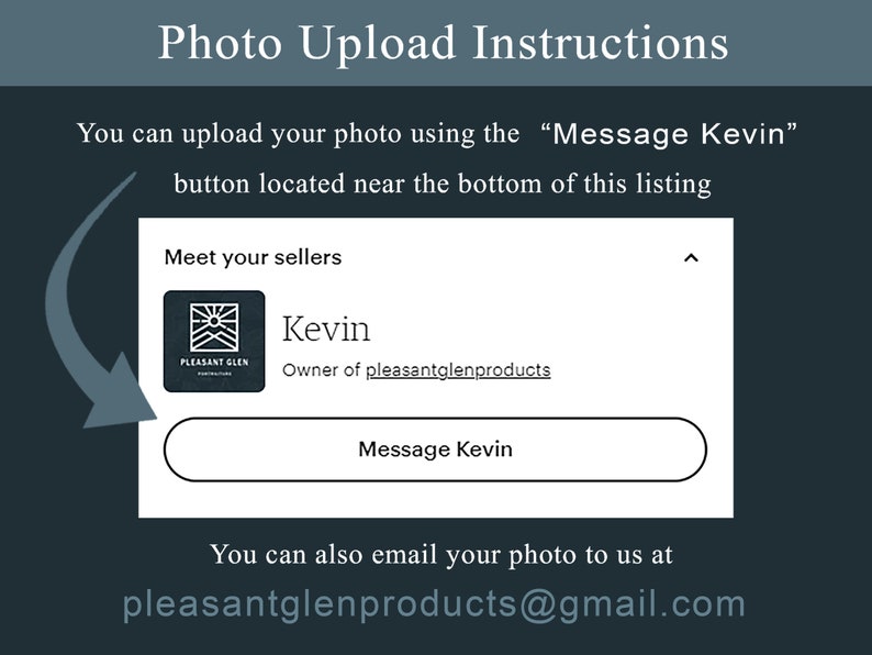 May include: A screenshot of a website showing instructions on how to upload a photo. The instructions say to use the "Message Kevin" button located near the bottom of the listing. The button is highlighted with an arrow. The website also provides an email address to send photos to.