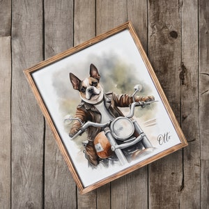 May include: A watercolor painting of a French Bulldog wearing a brown leather jacket and riding a motorcycle. The dog's name is Otto.