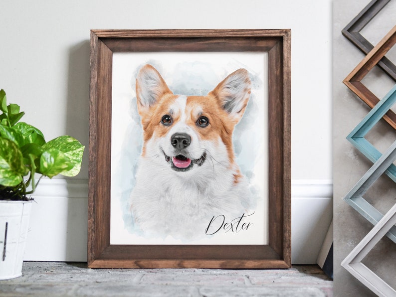 Op de afbeelding: Een aquarel van een corgi-hond met bruin en wit haar. De hond kijkt de kijker aan met een gelukkige uitdrukking. Het schilderij is ingelijst in een bruin houten lijst en heeft de naam "Dexter" in cursief onderaan.
