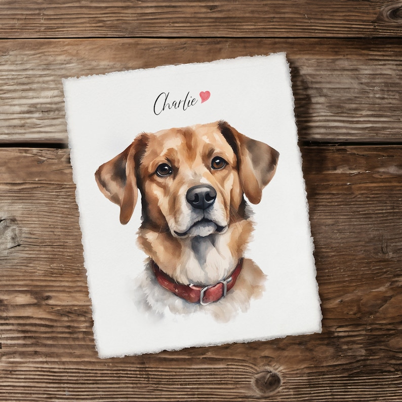 May include: Watercolor painting of a brown and white dog with a red collar. The dog is looking at the viewer and has a sweet expression. The painting is titled "Charlie" with a red heart.