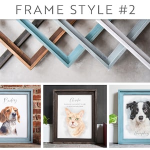 Op de afbeelding: Drie verschillende houten fotolijsten met een verweerde verfbehandeling. De lijsten zijn in tinten grijs, bruin en blauw. Elke lijst heeft een ander dierenportret erin. De eerste lijst heeft een beagle genaamd Bailey, de tweede lijst heeft een kat genaamd Charlie en de derde lijst heeft een border collie genaamd Humphrey.