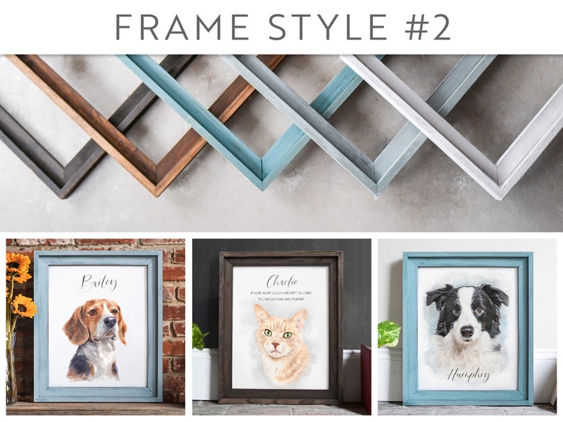 Op de afbeelding: Drie verschillende houten fotolijsten met een verweerde verfbehandeling. De lijsten zijn in tinten grijs, bruin en blauw. Elke lijst heeft een ander dierenportret erin. De eerste lijst heeft een beagle genaamd Bailey, de tweede lijst heeft een kat genaamd Charlie en de derde lijst heeft een border collie genaamd Humphrey.