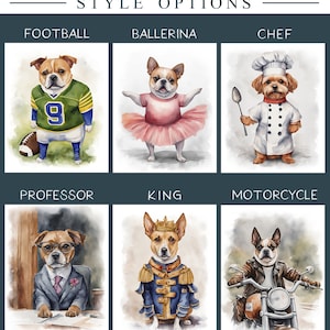 May include: A collage of watercolor illustrations depicting dogs in various costumes. The dogs are dressed as a football player, ballerina, chef, professor, king, and motorcycle rider.