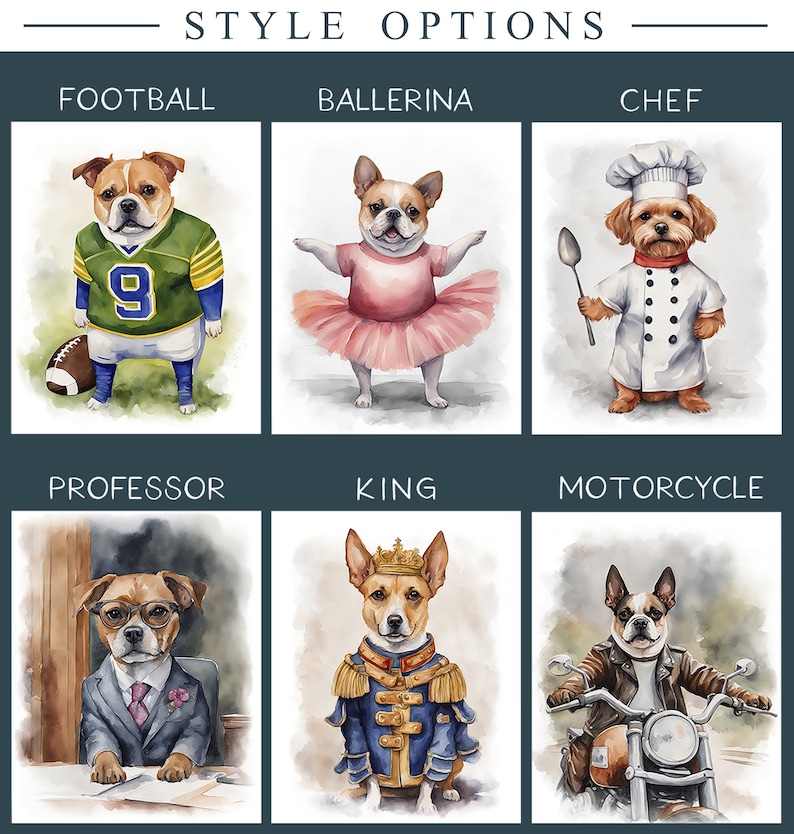 May include: A collage of watercolor illustrations depicting dogs in various costumes. The dogs are dressed as a football player, ballerina, chef, professor, king, and motorcycle rider.