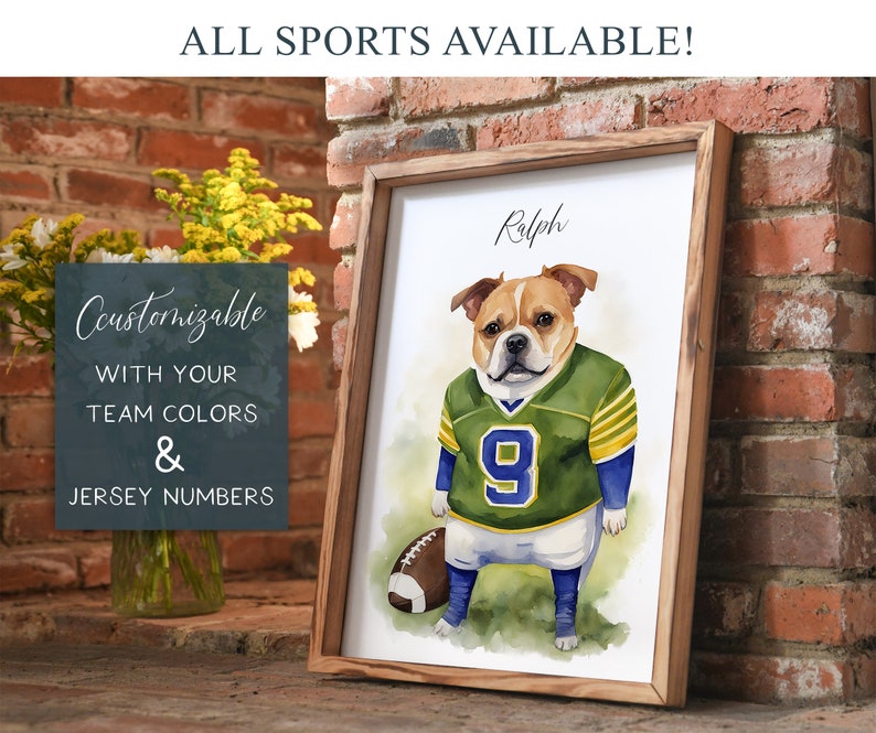 May include: A watercolor painting of a bulldog wearing a green and yellow football jersey with the number 9 on it. The dog's name, "Ralph", is written above the dog. The painting is framed in a wooden frame and is set against a brick wall.