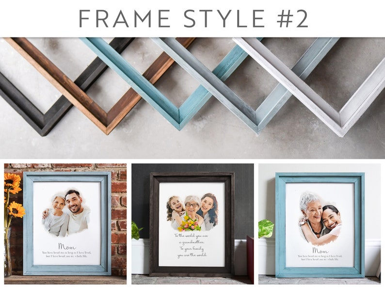 May include: Three different wood picture frames with a distressed paint finish. The frames are displayed in a staggered pattern with the top frame being white, the middle frame being blue, and the bottom frame being brown. Each frame has a white mount and a photo inside. The photos are of families. The text in the photos reads "Mom" and "To the world you are a grandparent, to your family you are the world."