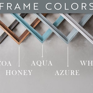 Op de afbeelding: Vijf verschillende framekleuren: cacao, honing, aqua, azuur en wit. De frames zijn in een verspringend patroon gerangschikt, met de bovenkant van elk frame gericht op het midden van de afbeelding.