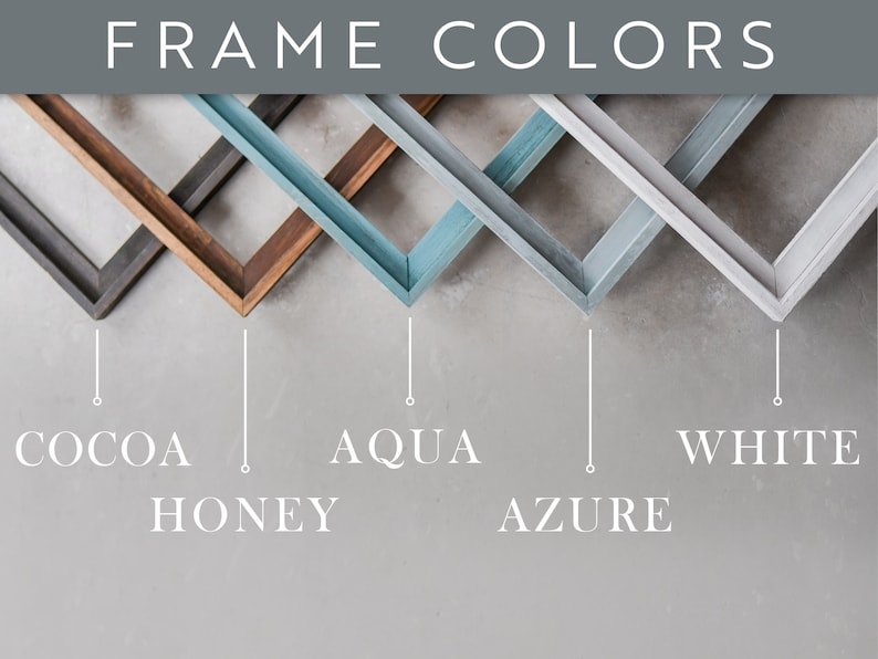 Op de afbeelding: Vijf verschillende framekleuren: cacao, honing, aqua, azuur en wit. De frames zijn in een verspringend patroon gerangschikt, met de bovenkant van elk frame gericht op het midden van de afbeelding.