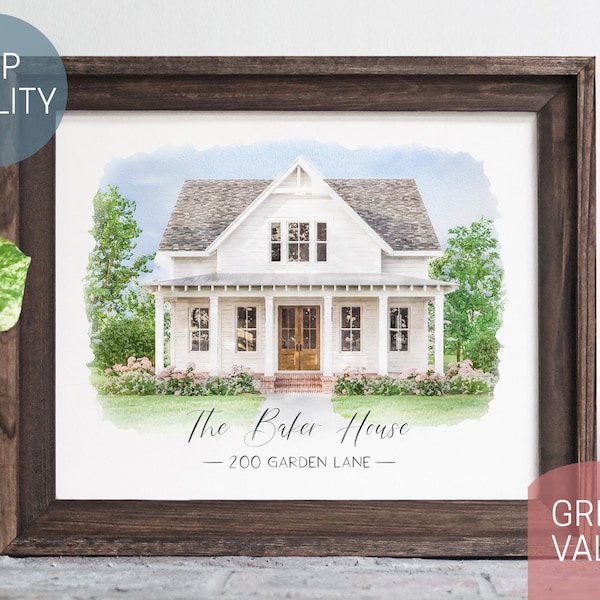 Retrato de casa, pintura de casa, retrato de casa a partir de una foto, regalo de cierre de agente inmobiliario, regalo de inauguración de la casa, marco de granja, retrato personalizado, enmarcado