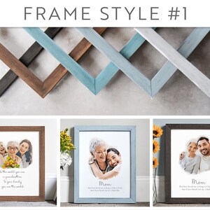 May include: Three different wood picture frames with white mounts and different coloured wood finishes. The frames are arranged in a staggered pattern. Each frame has a different photo inside. The first frame has a photo of three women, the second frame has a photo of two women, and the third frame has a photo of two people. The text in the first frame reads "To the world you are a grandmother. To your family you are the world.". The text in the second frame reads "Mom You have loved me as long as I have lived, but I have loved you my whole life.". The text in the third frame reads "Mom You have loved me as long as I have lived, but I have loved you my whole life."