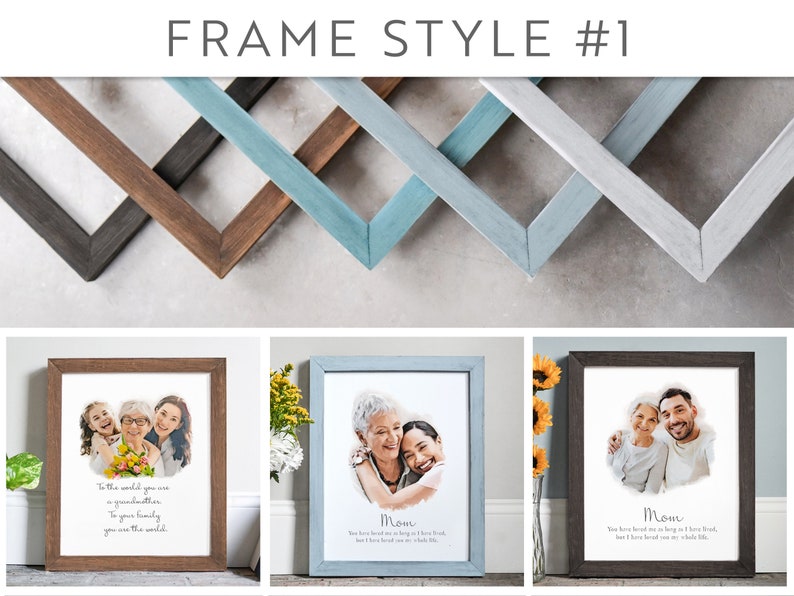 May include: Three different wood picture frames with white mounts and different coloured wood finishes. The frames are arranged in a staggered pattern. Each frame has a different photo inside. The first frame has a photo of three women, the second frame has a photo of two women, and the third frame has a photo of two people. The text in the first frame reads "To the world you are a grandmother. To your family you are the world.". The text in the second frame reads "Mom You have loved me as long as I have lived, but I have loved you my whole life.". The text in the third frame reads "Mom You have loved me as long as I have lived, but I have loved you my whole life."