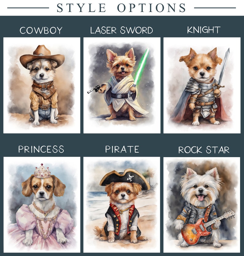 May include: A collage of six images showing different dog breeds dressed up in various costumes. The costumes include a cowboy, a knight, a princess, a pirate, a rock star, and a Jedi knight. The images are all painted in a watercolor style.