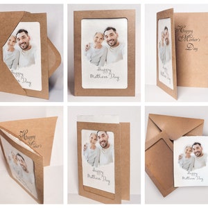 May include: A brown card with a photo of a couple and the text "Happy Mother's Day" on it. The card is folded in half and has a white envelope.