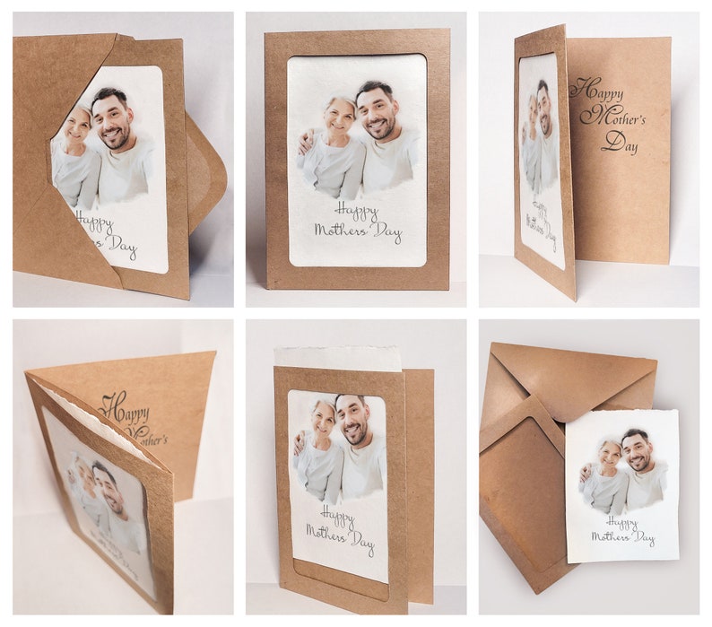 May include: A brown card with a photo of a couple and the text "Happy Mother's Day" on it. The card is folded in half and has a white envelope.