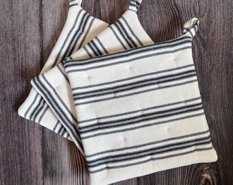 set of 3 ticking stripe potholders, natural cotton hot pads, large thick potholders, protective neutral trivets, rustic fabric potholders