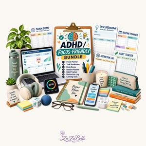 May include: An ADHD focus-friendly bundle featuring a clipboard with a brain graphic, a laptop displaying a dashboard, a spiral notebook labeled Focus Plan Do, a habit tracker, task breakdown sheets, a distraction log, pens, headphones, and stationery.