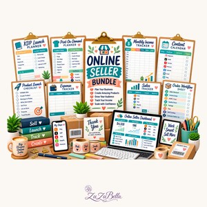 May include: An online seller bundle featuring multiple clipboards with checklists for KDP, print-on-demand, income, content, and orders. Includes a laptop displaying a dashboard, a smartphone, shipping supplies, a mug, and stationery items.