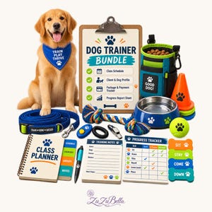 May include: A dog trainer bundle featuring a golden retriever wearing a blue bandana, a clipboard labeled DOG TRAINER BUNDLE, a blue treat pouch, a metal bowl, a rope toy, a leash, a class planner, a progress tracker, and training accessories.